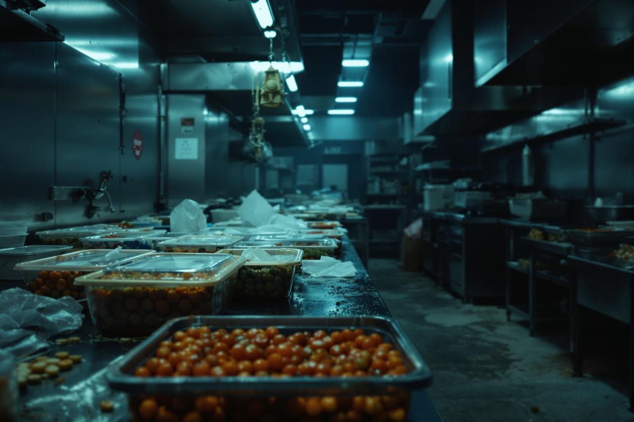 黑料六点半银幕细节中的冷色餐饮后厨操作台